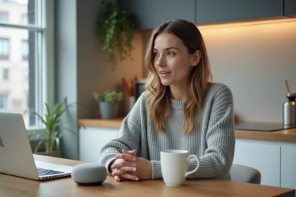 Femme utilisant une commande vocale avec un assistant Google à la maison pour lancer un dé virtuel