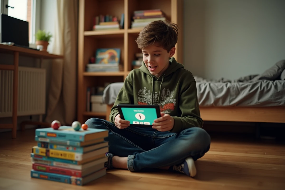 Adolescent utilisant la commande vocale Google pour lancer un dé virtuel pendant une partie de jeu de société