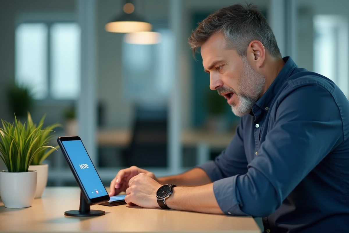 Homme en bureau lançant un dé virtuel avec une commande vocale Google sur son smartphone