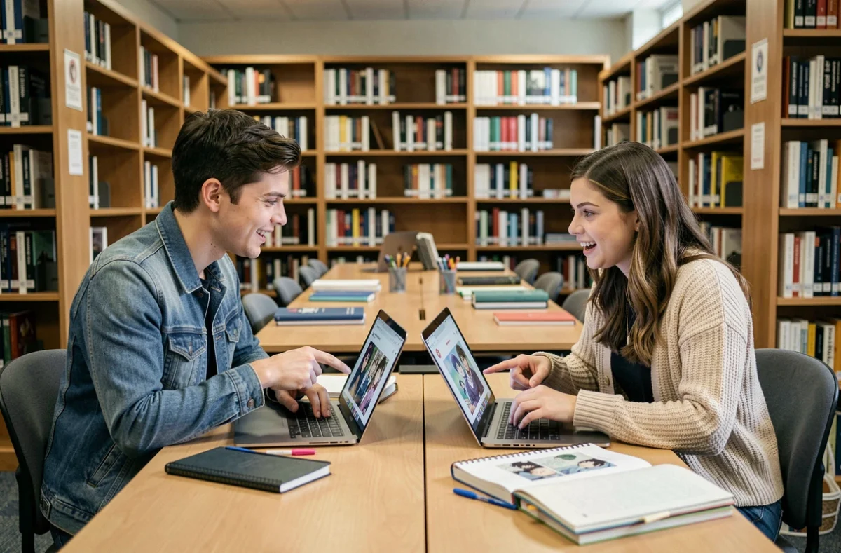 Deux étudiants comparant des plateformes de lecture manga scantrad en français sur des ordinateurs portables dans une bibliothèque universitaire