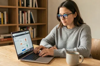 Femme comparant des sites web similaires à Xataf.com sur un ordinateur portable dans un bureau à domicile