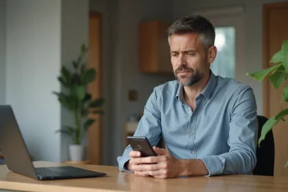 Homme expatrié contactant un service de bricolage français depuis l'étranger via smartphone