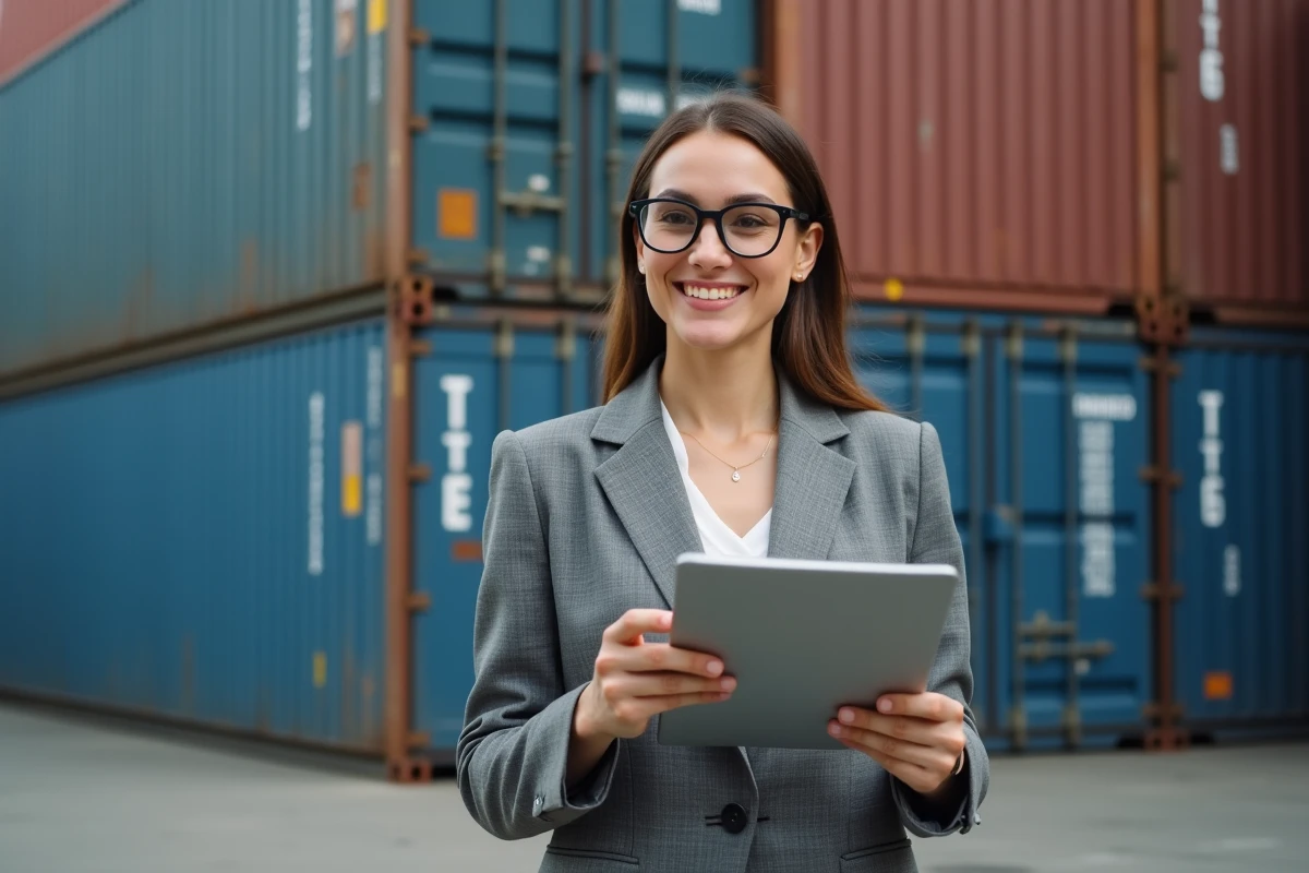 Coordinatrice logistique inspectant des conteneurs maritimes avec marquages de poids en tonnes dans un terminal portuaire