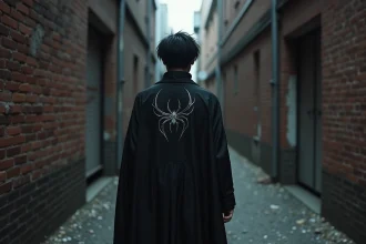 Cosplayeur portant le costume de la Brigade Fantôme de Hunter x Hunter dans une ruelle urbaine sombre