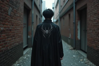 Cosplayeur portant le costume de la Brigade Fantôme de Hunter x Hunter dans une ruelle urbaine sombre