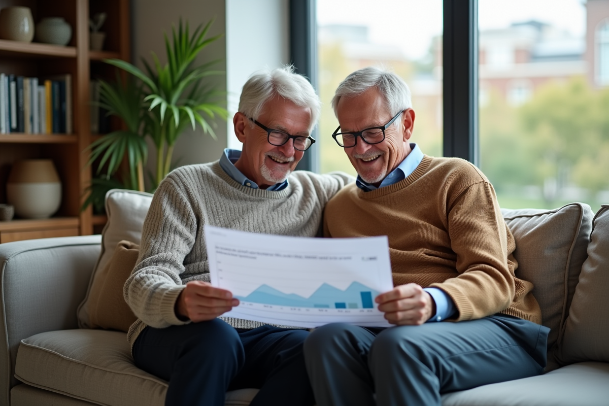 Couple examine graphiques SCPI dans leur salon