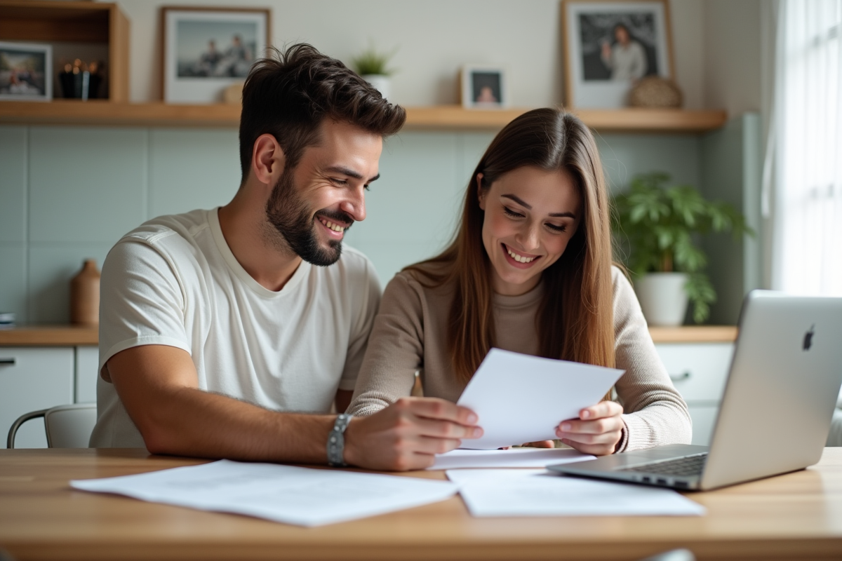 Jeune couple discutant de documents dans une cuisine lumineuse