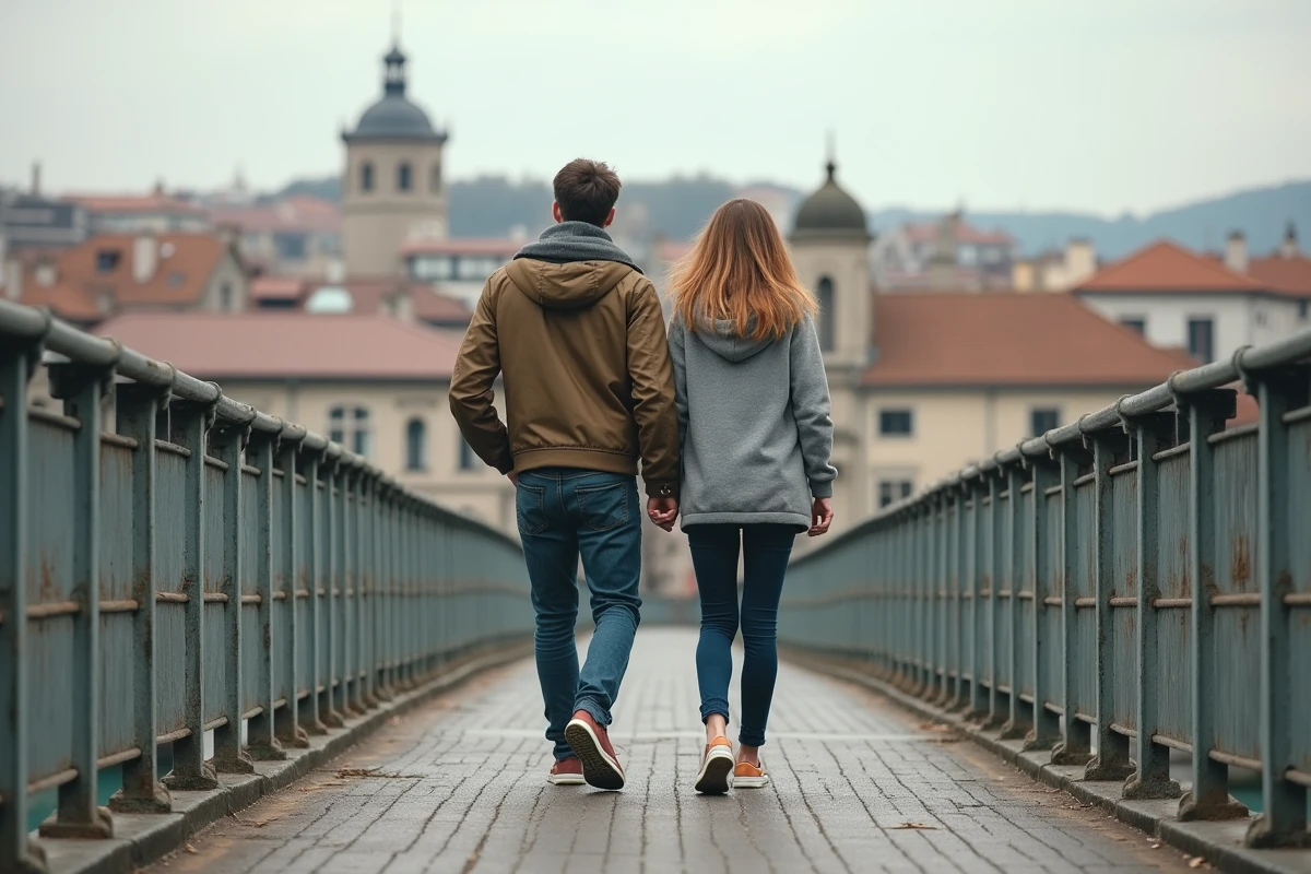 Couple traversant à pied la passerelle du Palais de Justice à Lyon lors d'une journée sans voiture
