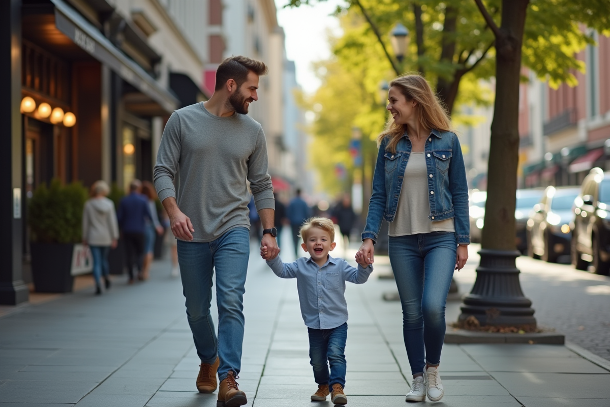 Couple homosexuel avec enfant dans une rue animée de la ville