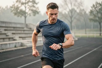 Coureur masculin consultant sa montre GPS affichant une allure en km/h et mi/h pendant un entraînement sur piste urbaine