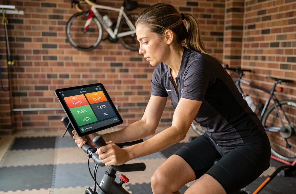 Cycliste féminine sur home trainer consultant une application de conversion km/h en mi/h sur une tablette dans un garage aménagé