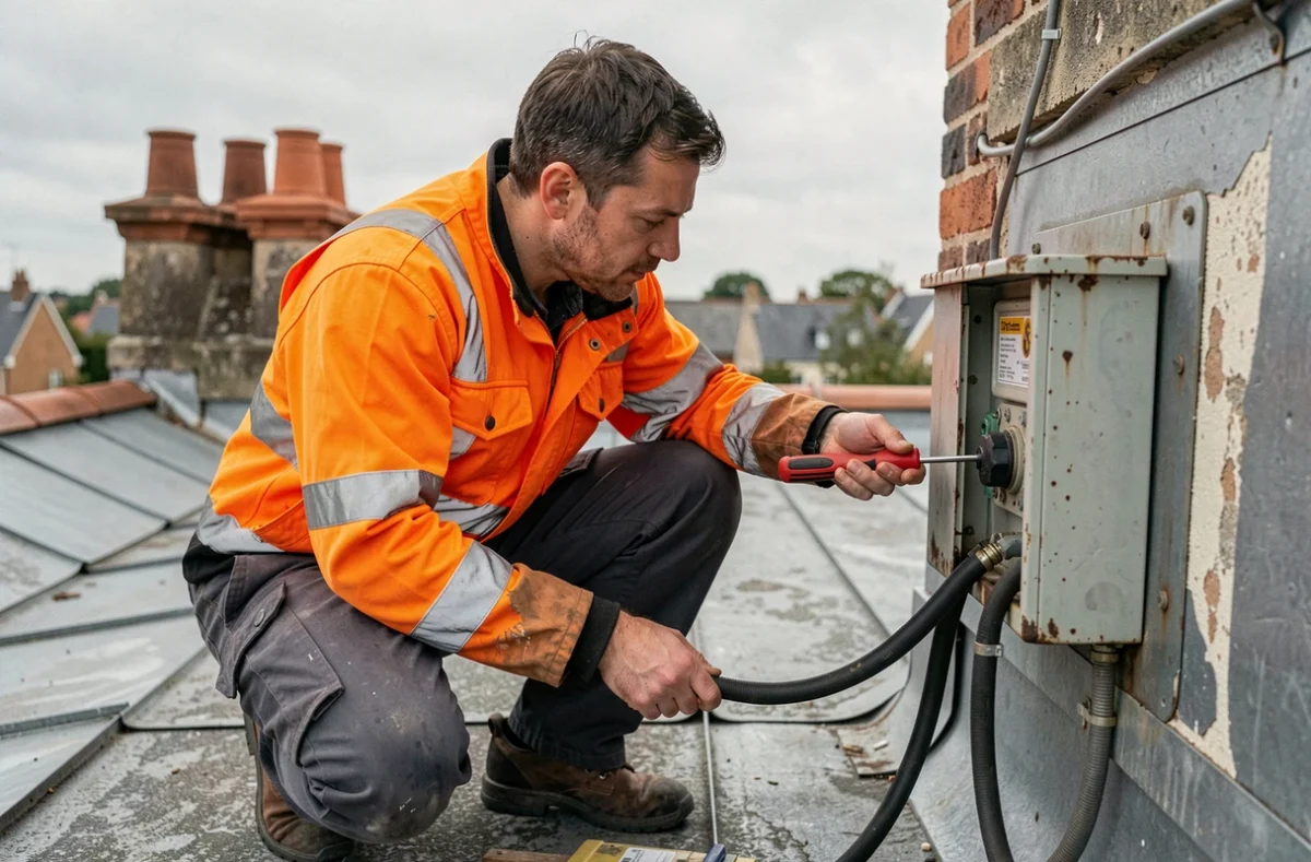 Technicien Demb-Elec Services réparant une boîte de dérivation extérieure sur un toit