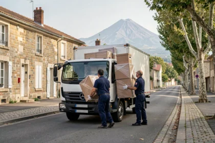 Équipe de déménageurs professionnels chargeant un camion dans le Puy-de-Dôme avec le volcan en arrière-plan