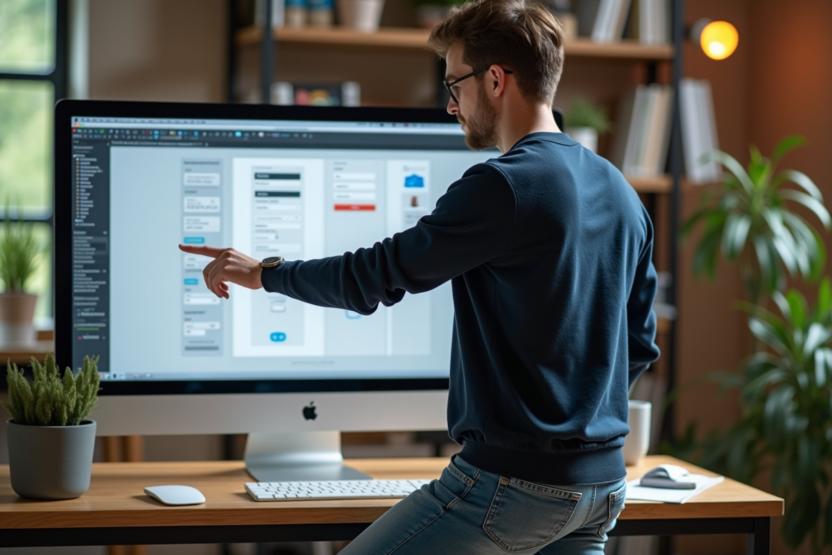Homme UX designant un projet web sur un grand écran