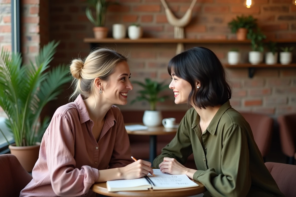 Deux femmes assises dans un café autour d'un journal avec le chiffre 2222, illustrant la connexion profonde entre deux flammes jumelles