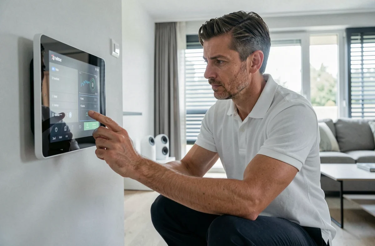Technicien de Domo Elec configurant un système domotique dans une maison connectée de la Loire