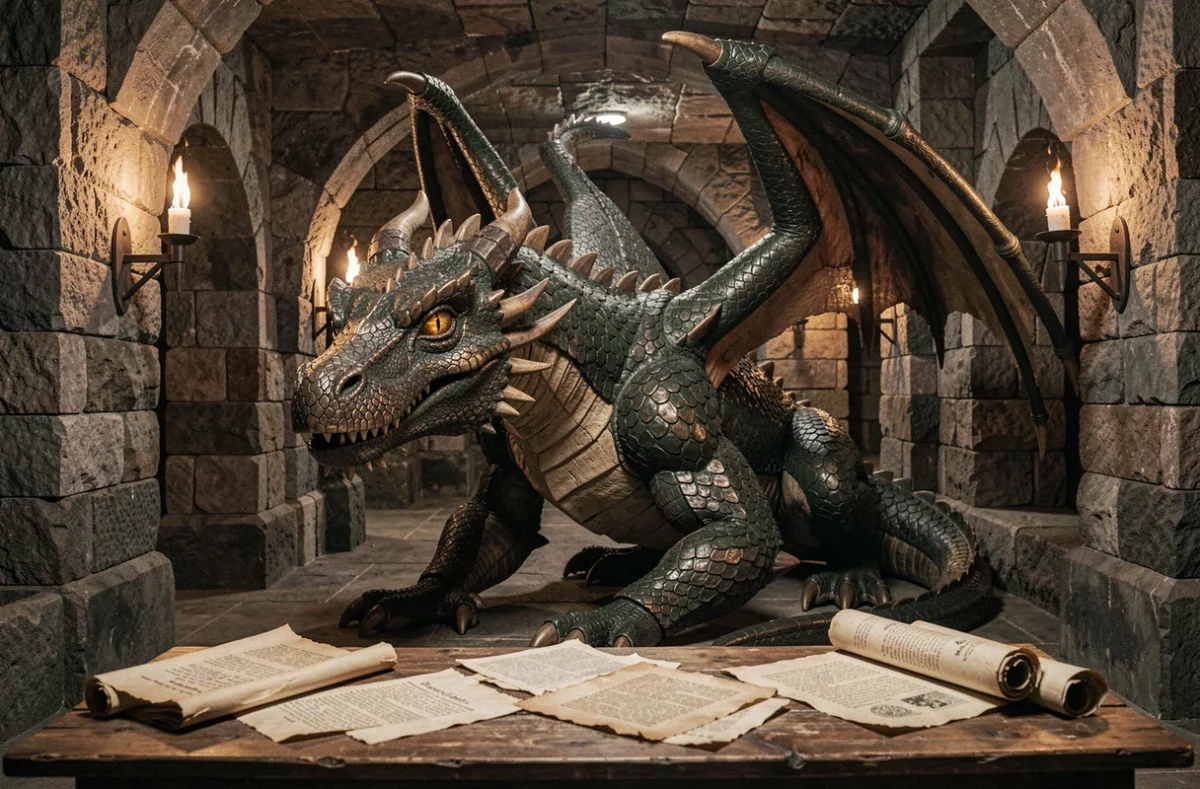 Sculpture réaliste d'un dragon aux écailles vertes et bronze dans une chambre souterraine en pierre, entourée de parchemins anciens évoquant les secrets cachés de l'univers Harry Potter