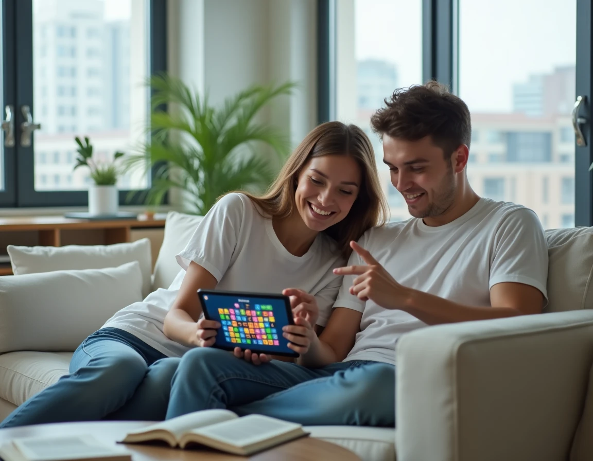 Deux jeunes adultes collaborant sur une stratégie de jeu Sutom sur une tablette dans un salon moderne