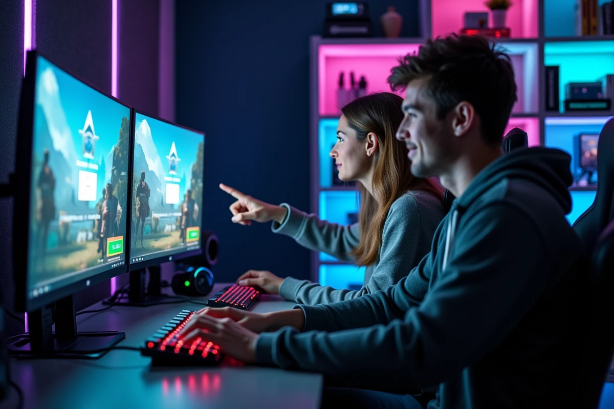 Deux joueurs entrant un code Ninja Time sur un écran gaming dans une salle de jeu moderne