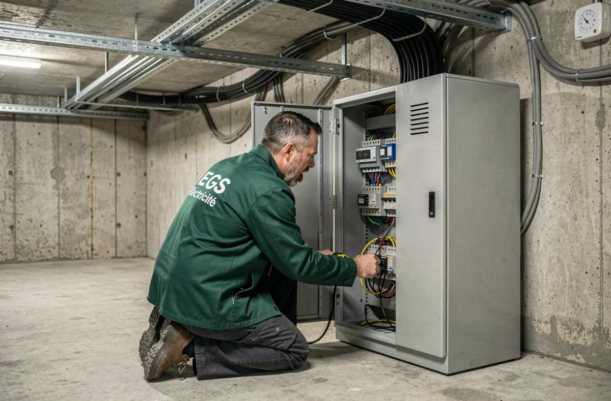 Électricien EGS Electricité intervenant sur un coffret électrique industriel