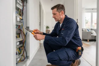 Électricien professionnel travaillant sur un tableau électrique dans une maison de la Loire