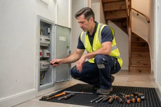 Électricien d'urgence inspectant un tableau électrique dans une maison des Yvelines
