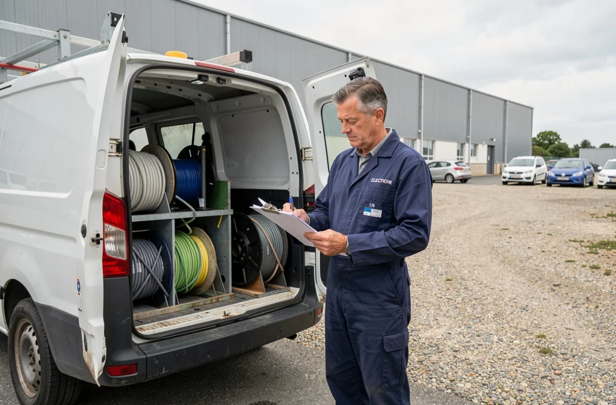 Électricien de l'entreprise Électricité Générale Thibaud consultant des plans devant son véhicule dans la Loire