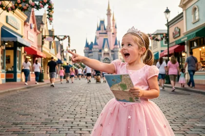Petite fille en robe de princesse pointant vers le château d'un parc Disney, tenant une carte du parc