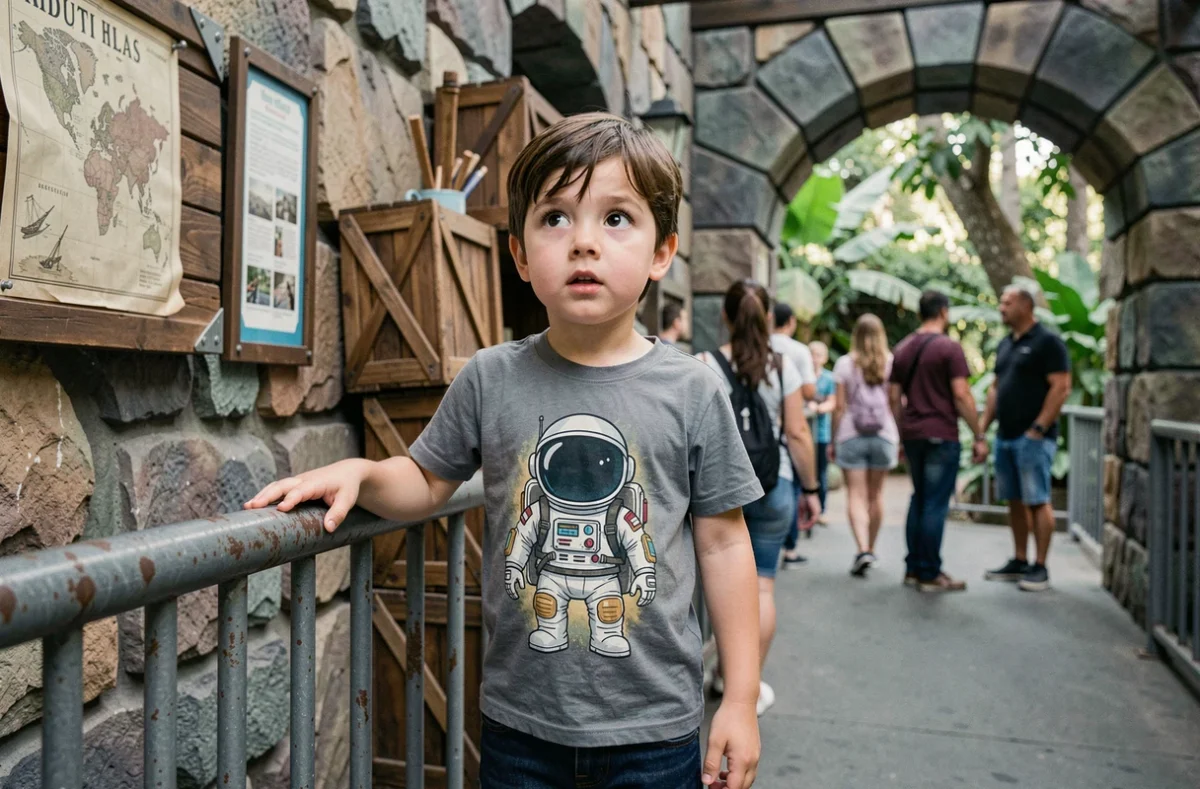 Jeune garçon attendant avec impatience dans la file d'une attraction Disney, regard tourné vers le manège