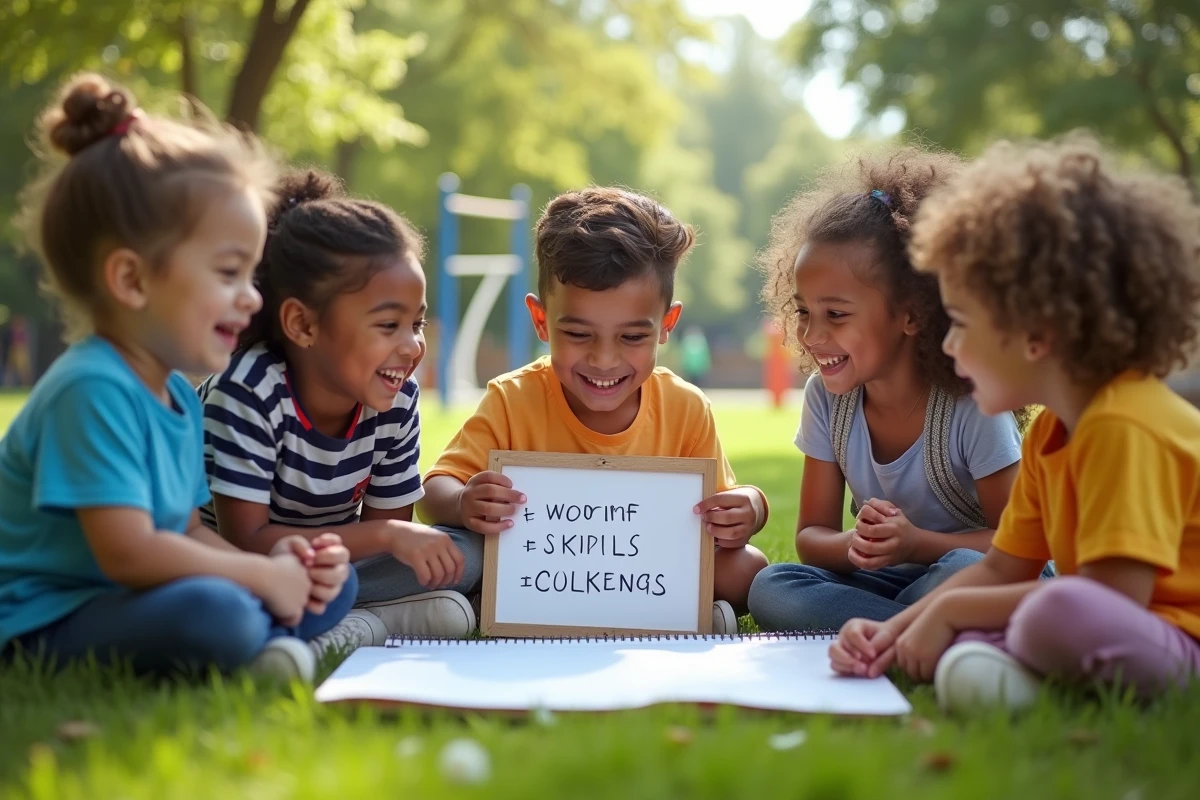Enfants jouant et dessinant dans un parc ensoleille
