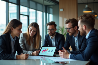 Groupe de professionnels en réunion dans un bureau moderne