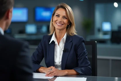 Experte féminine en blazer marine assise au bureau d'un plateau télévisé, expression assurée face à la caméra