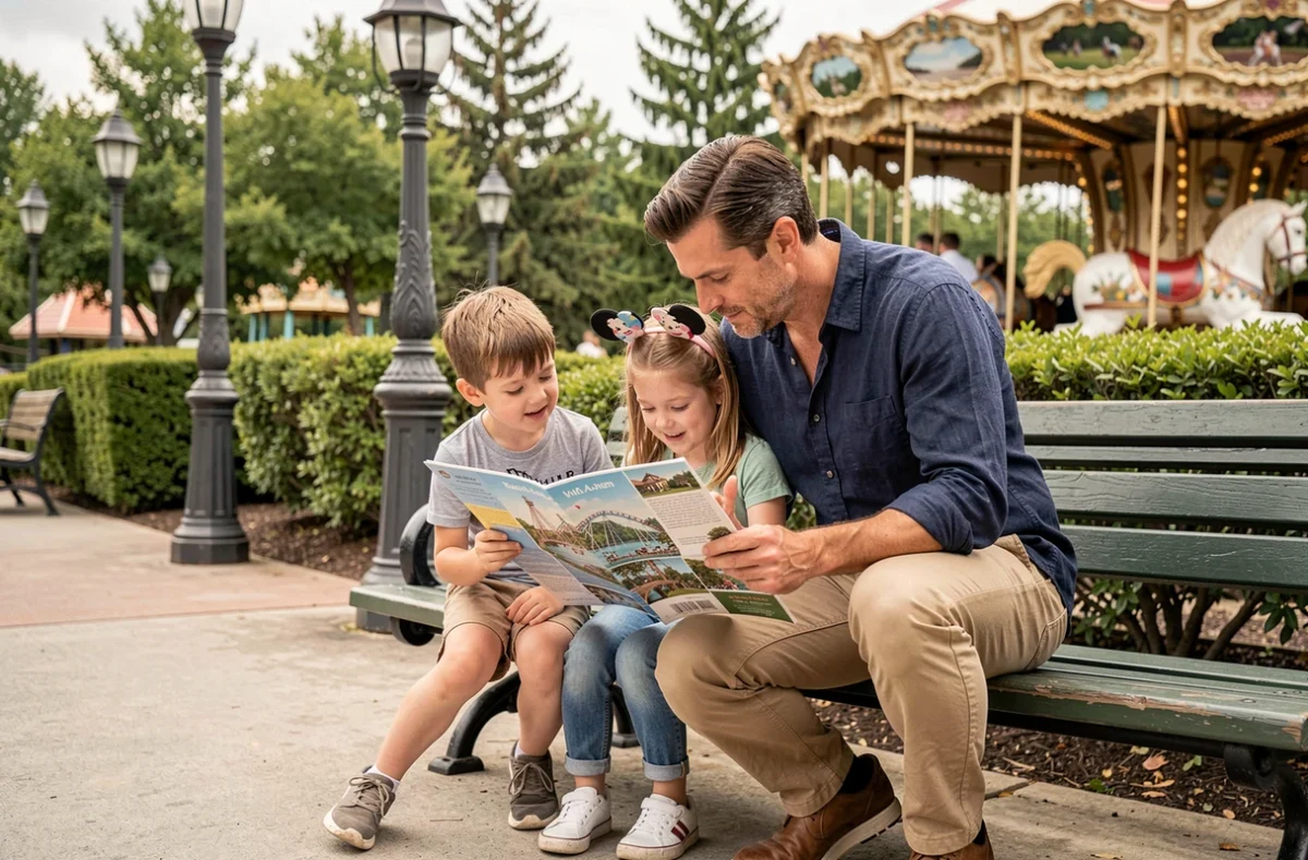 Père et enfants consultant la carte d'un parc Disney assis sur un banc pour organiser leur parcours