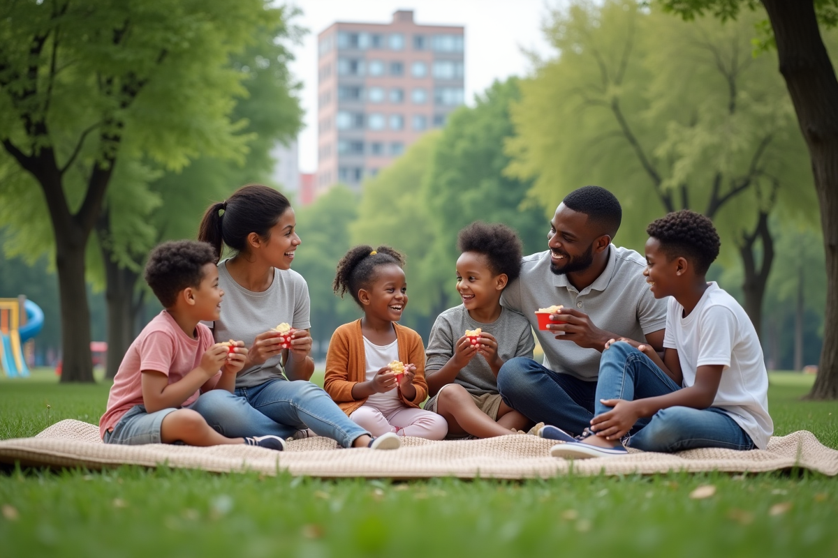 Famille mixte partageant un pique-nique dans un parc urbain