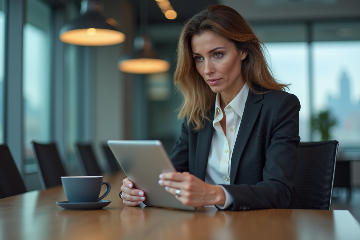 Femme d affaires en réunion avec tablette dans un bureau