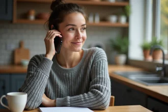 Femme utilisant son téléphone portable pour appeler le 118 712 depuis sa cuisine