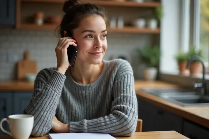 Femme utilisant son téléphone portable pour appeler le 118 712 depuis sa cuisine
