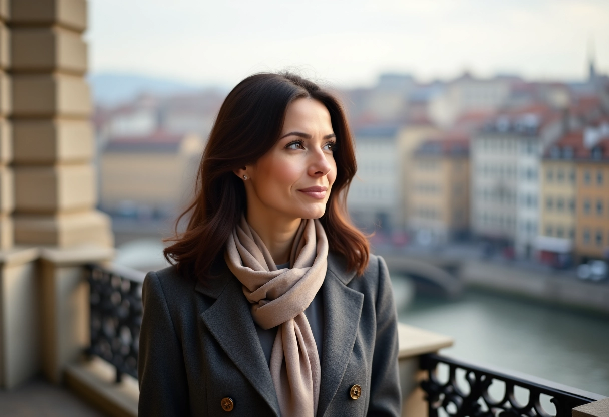 Femme contemplant la ville depuis un balcon en plein air