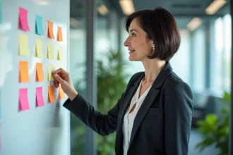 Femme d'âge moyen arrangeant des notes colorées sur un tableau blanc