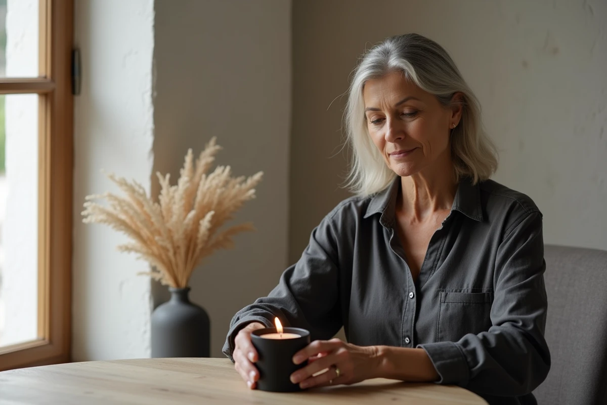 Femme mature tenant un bougeoir en céramique noire avec une bougie noire allumée, dans un espace minimaliste, représentant le recueillement et l'accompagnement du deuil