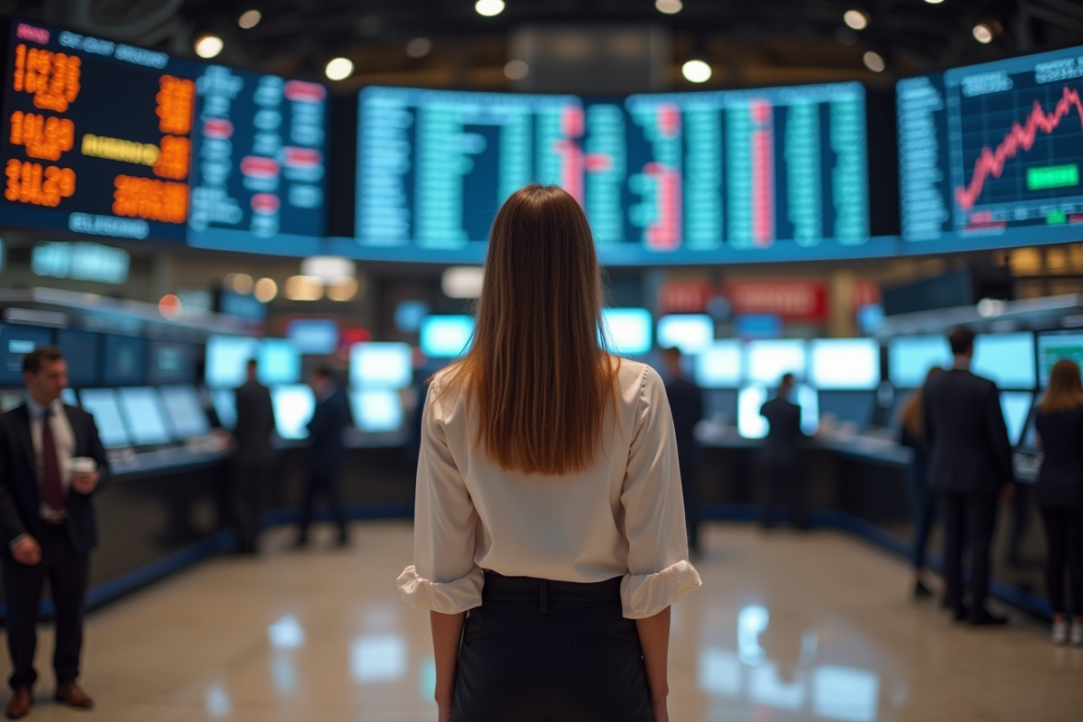 Jeune femme en tenue décontractée sur un marché boursier animé