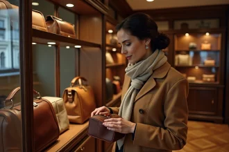 Femme élégante découvrant les articles en cuir artisanal de la marque Faubourg de Paris dans une boutique parisienne raffinée