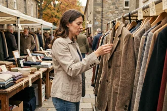 Femme feuilletant des vêtements vintage sur un stand de braderie en plein air lors d'un marché de week-end animé