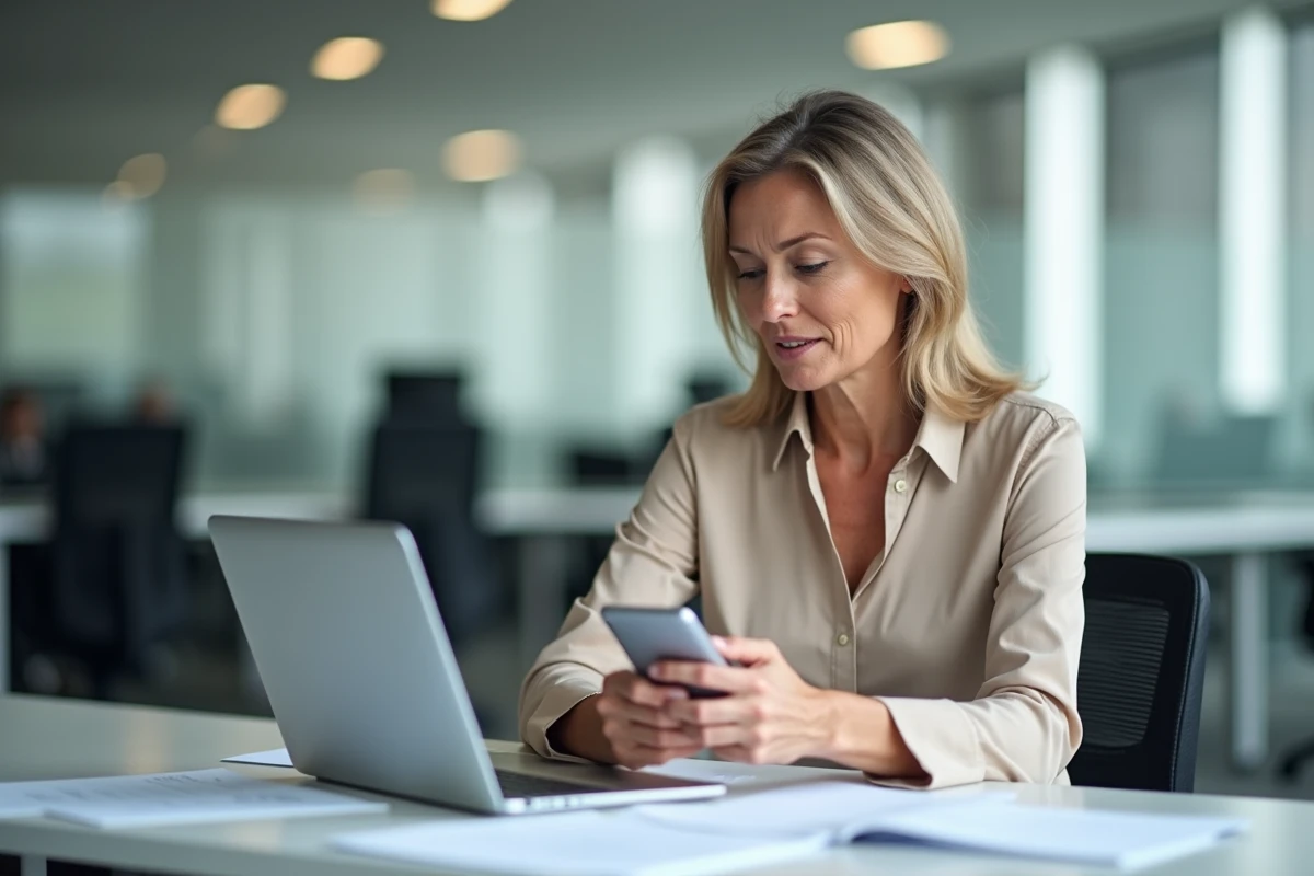 Femme au bureau vérifiant les informations du 118 712 sur son téléphone portable
