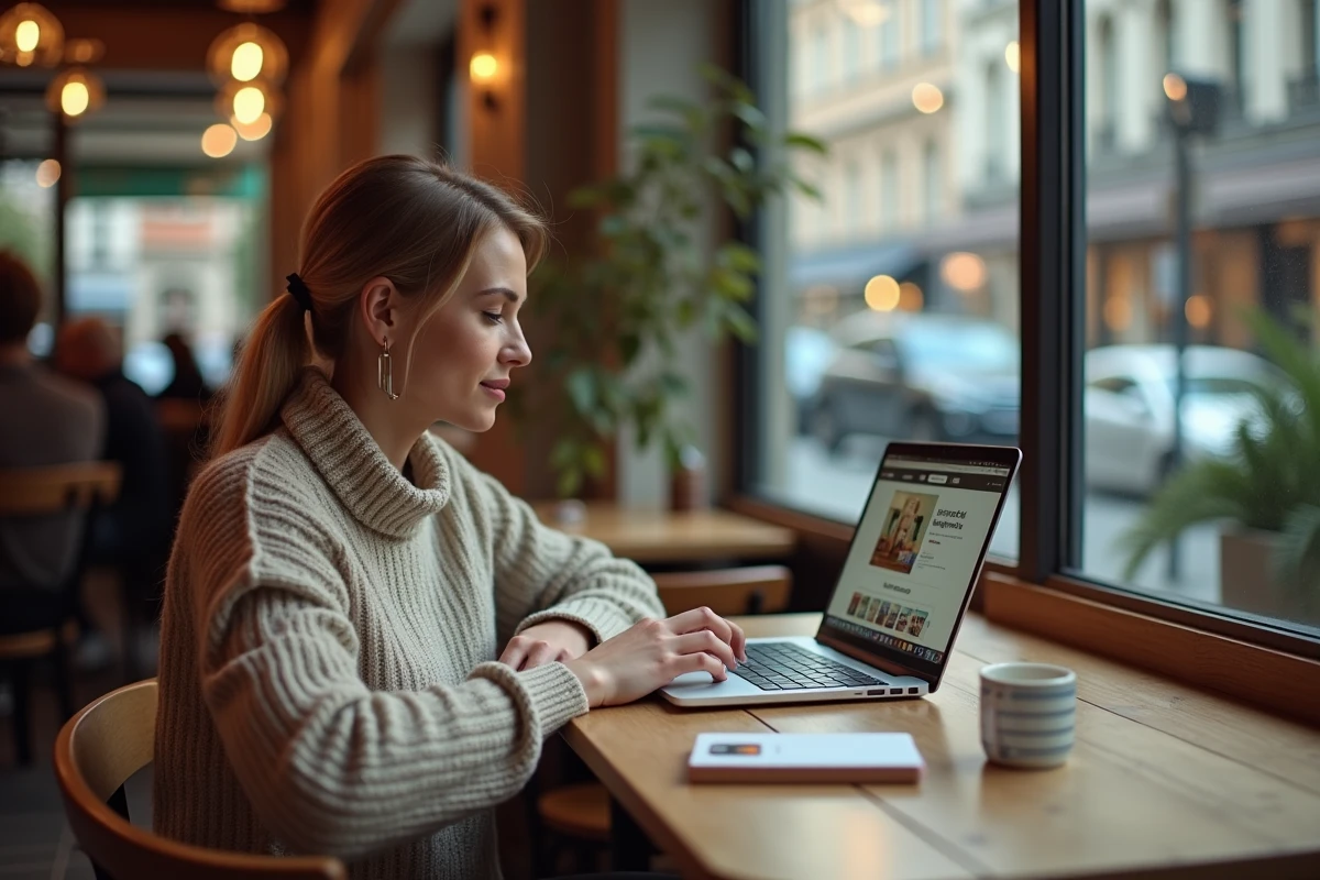 Femme utilisant un ordinateur portable dans un café à l'étranger pour contacter un service de bricolage français