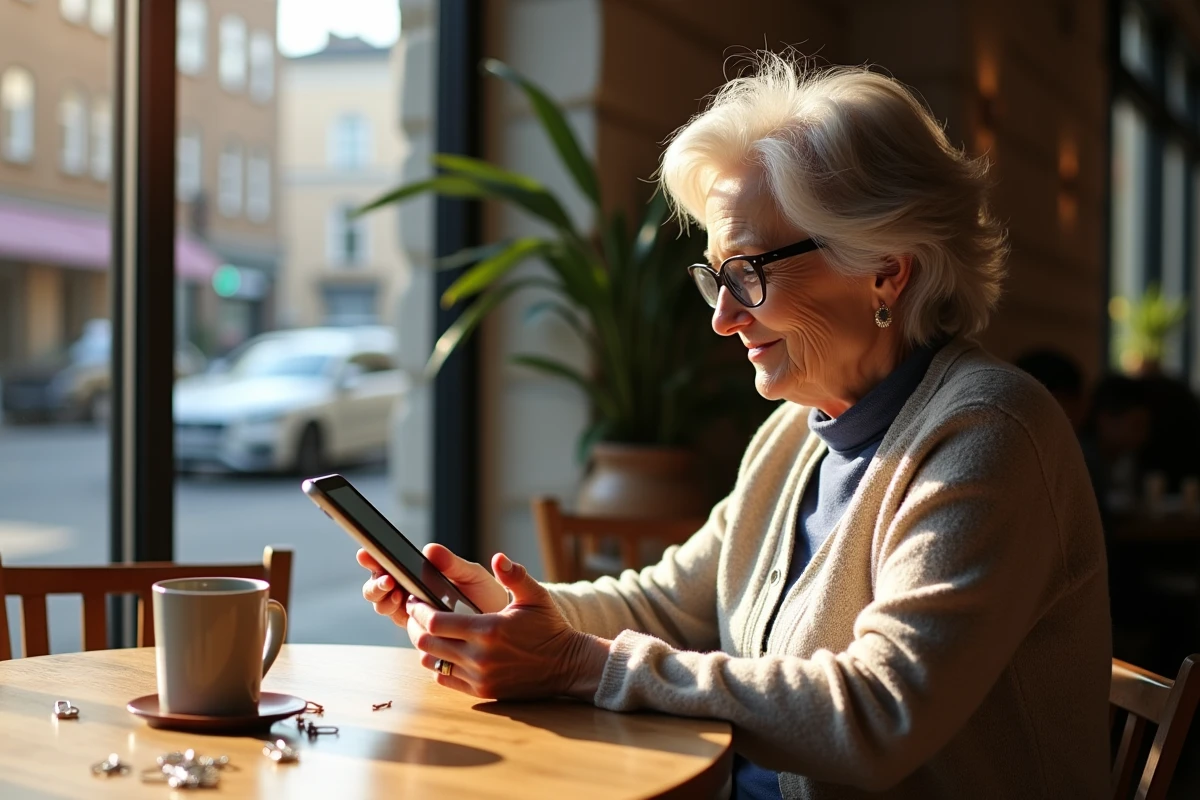 Femme jouant à un jeu de paperclip dans un café lumineux