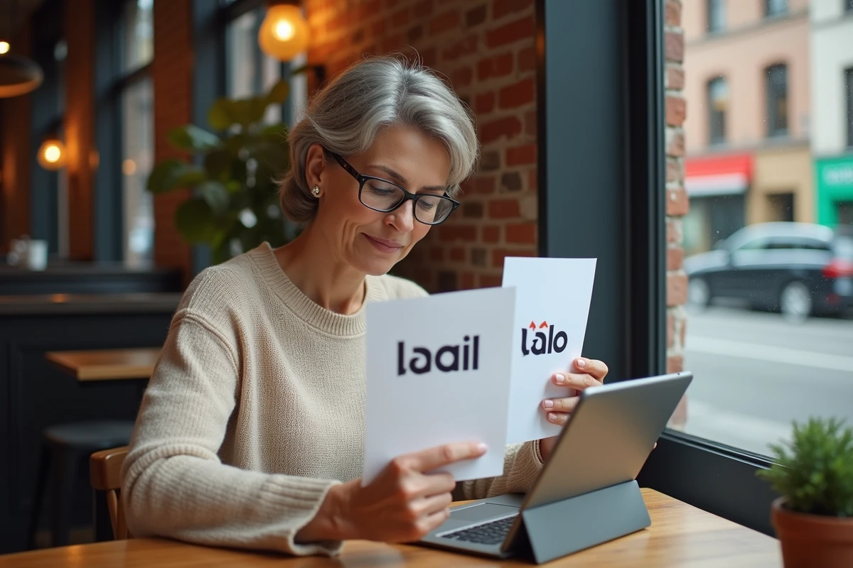 Femme au café examinant un logo Dvgb XOILUTUGHIUZ sur papier brillant