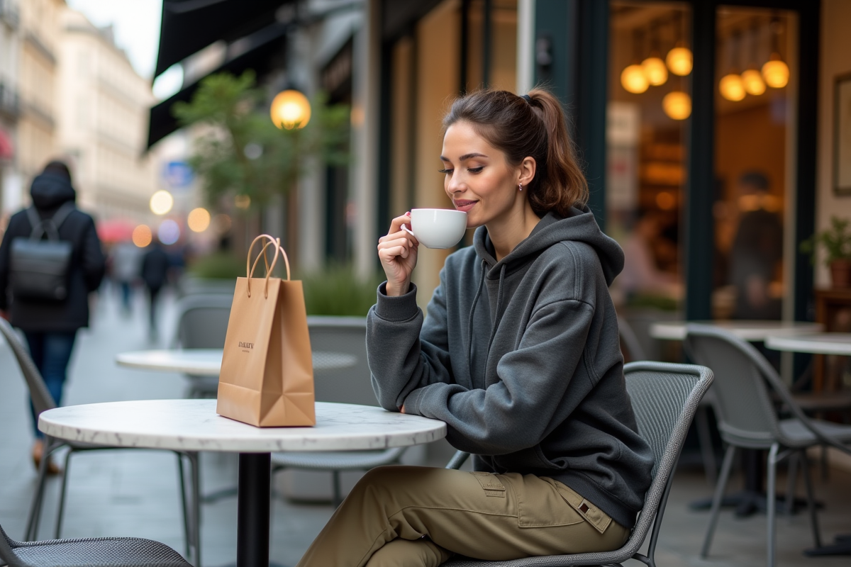 Femme détendue sirotant un café en terrasse urbaine