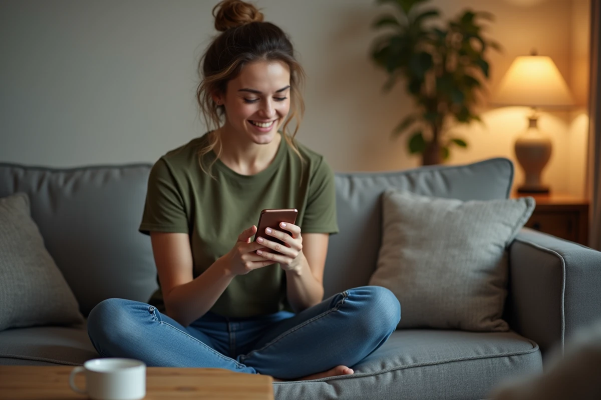 Femme souriante consultant un code promotionnel Ninja Time sur son smartphone dans un salon cosy