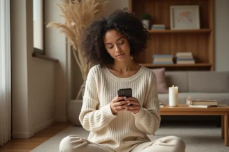Femme contemplative tenant son téléphone contre sa poitrine dans un salon minimaliste, illustrant la signification du 2222 comme message de flamme jumelle
